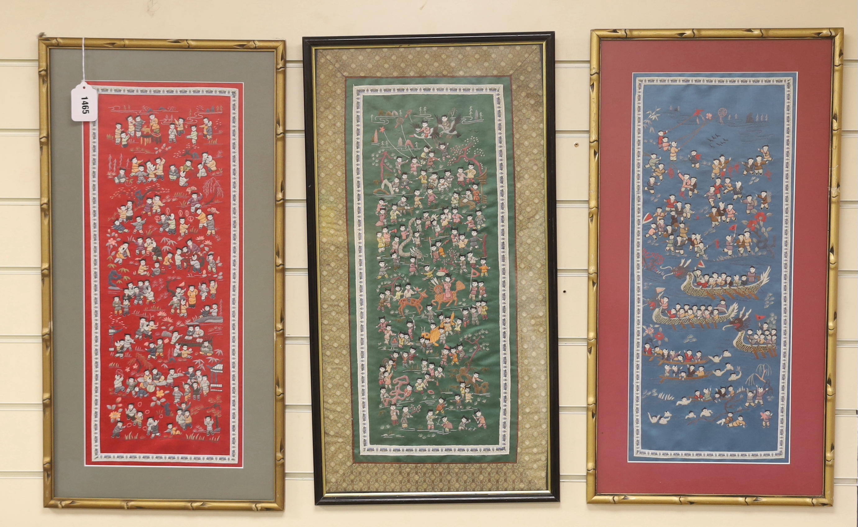 Three framed Chinese mid 20th century figurative embroideries, 21cm x 51cm